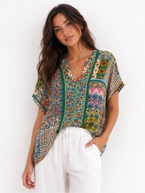 Johnny Was Patchwork Resort Tunic Blouse XS NWT